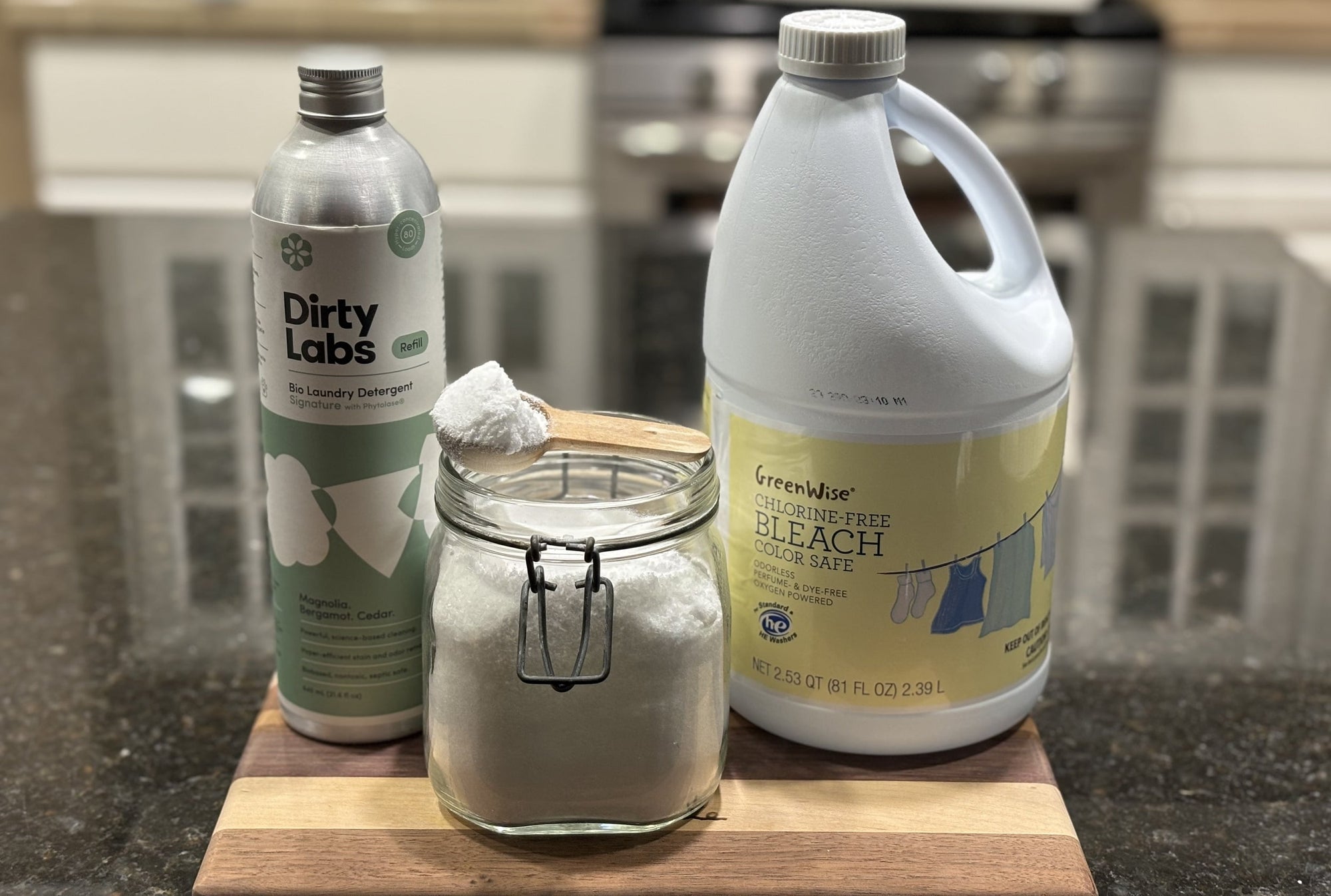 Sustainable laundry supplies sit on a countertop.